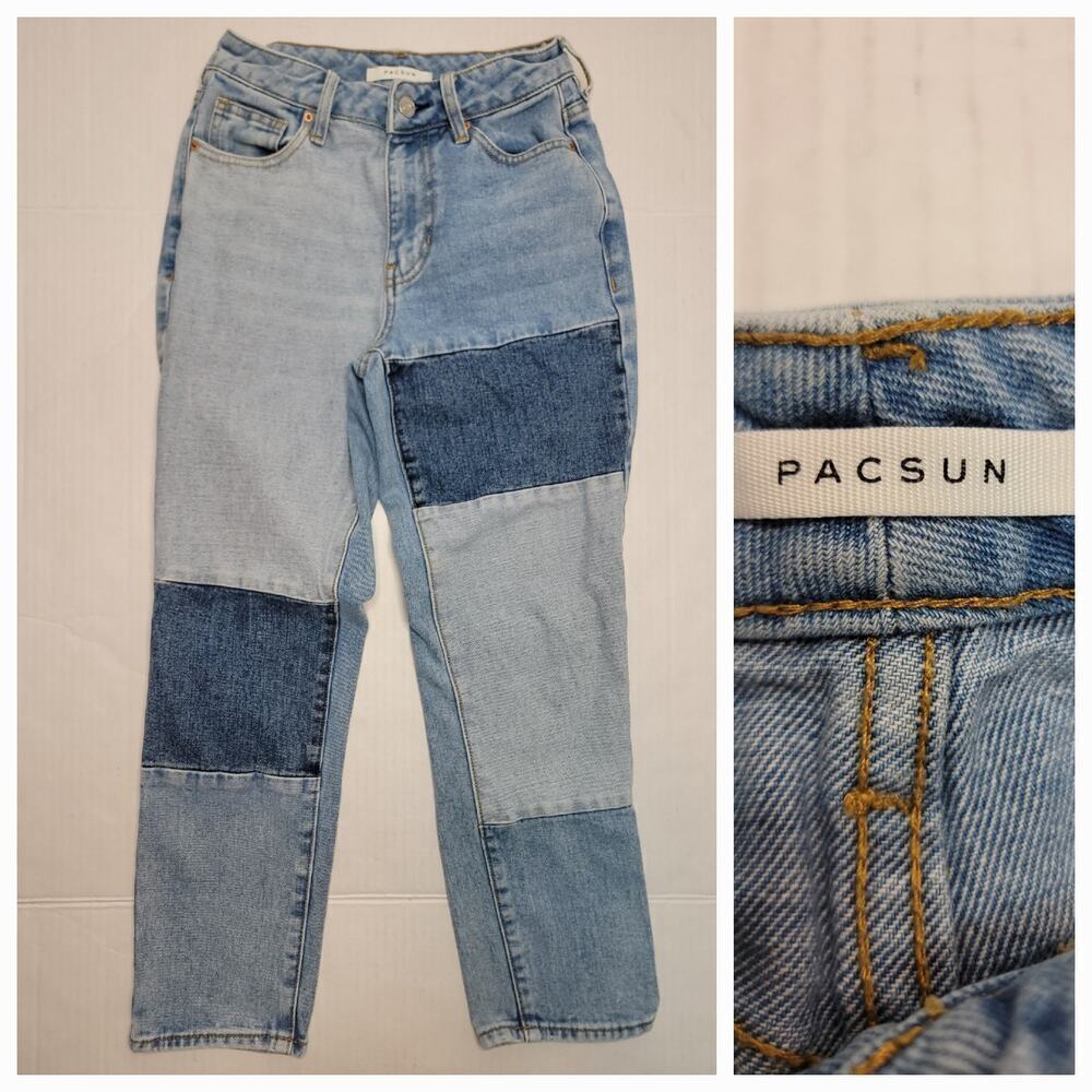 Pacsun Mom Jeans Sz 23 Jeans High Rise Straight 2 Tones Patchwork 100% Cotton